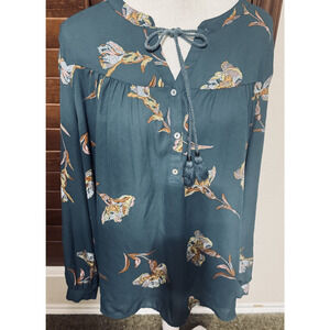 DR2 Daniel Rainn Top Womens XL Forest Green Blouse Floral Tassel Tie neck flowy